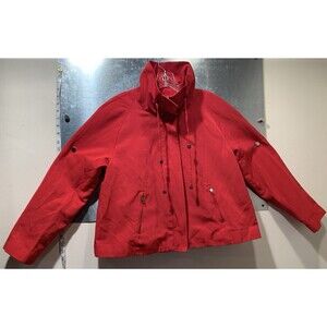 Chicos Cotton Blend Full Zip Drawstring Collar Lined Red Jacket Pockets - Size 1